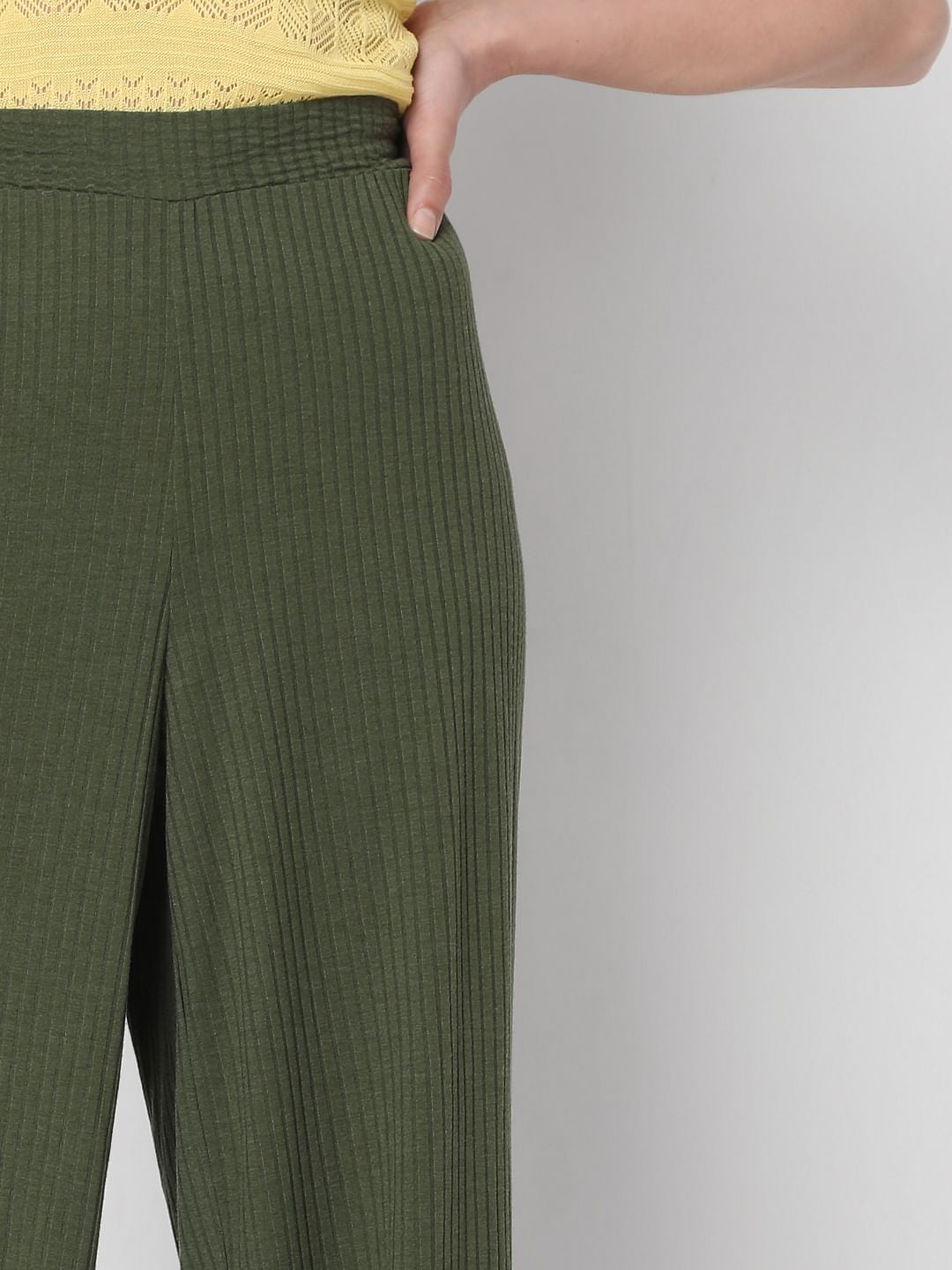 Green Ribbed Wide Leg Pants