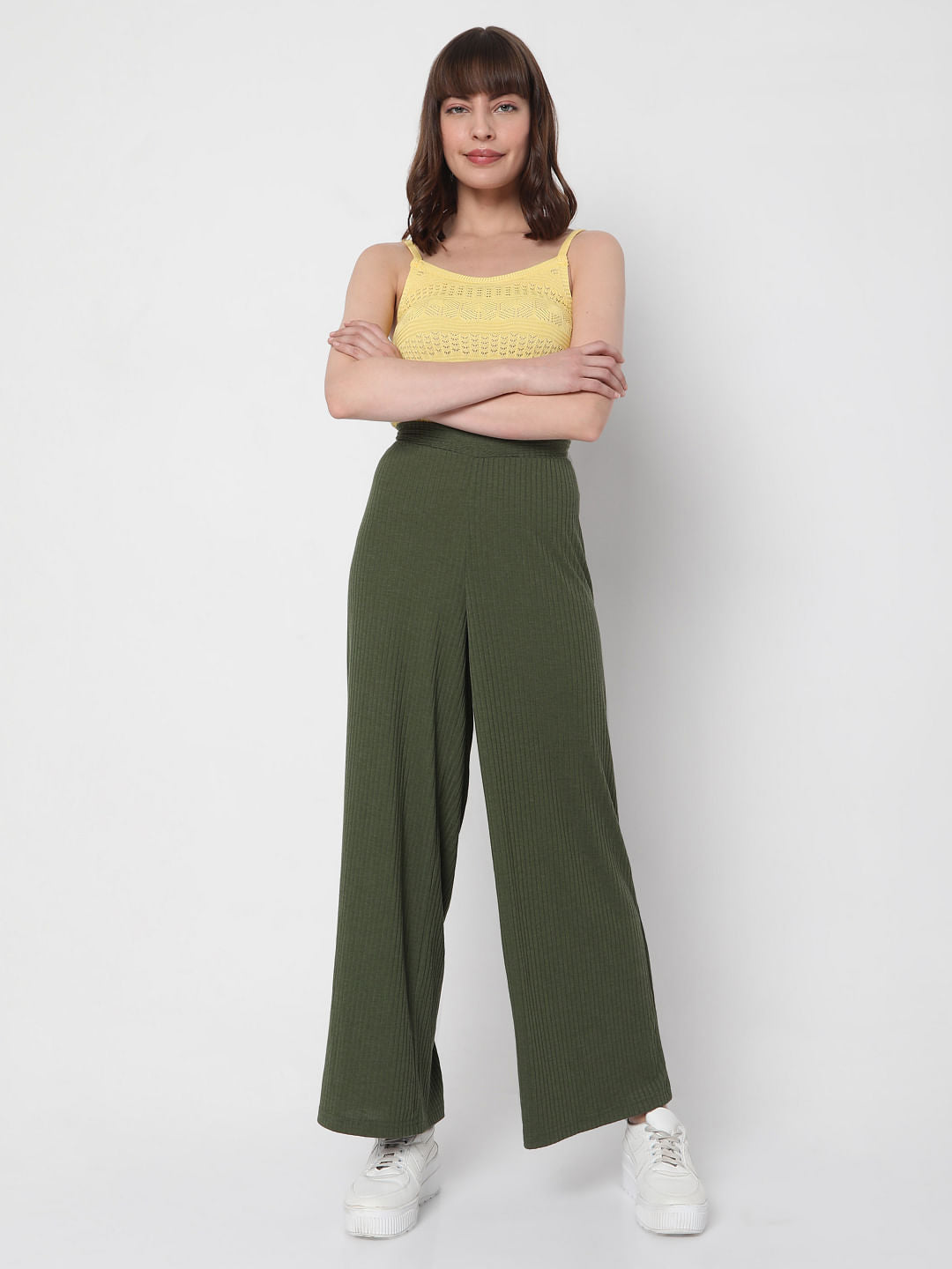 Green Ribbed Wide Leg Pants