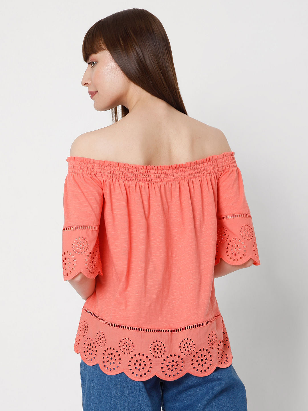 Coral Off Shoulder Schiffli Top