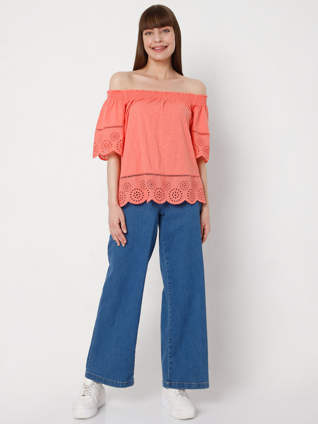 Coral Off Shoulder Schiffli Top