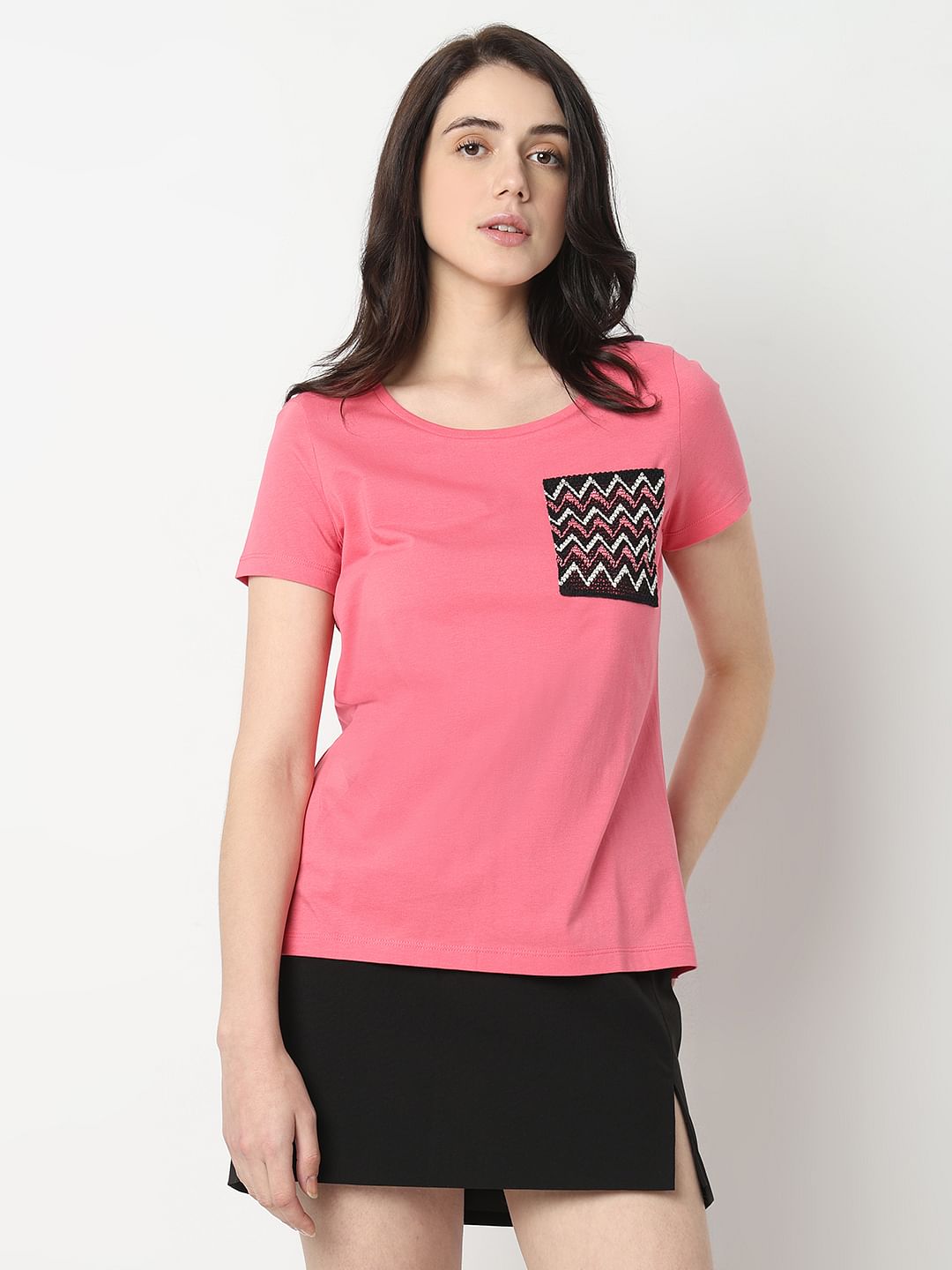 Pink Embroidered Pocket T-Shirt
