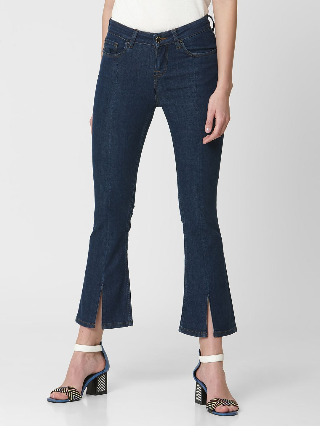 Blue Mid Rise Slit Hem Flared Jeans
