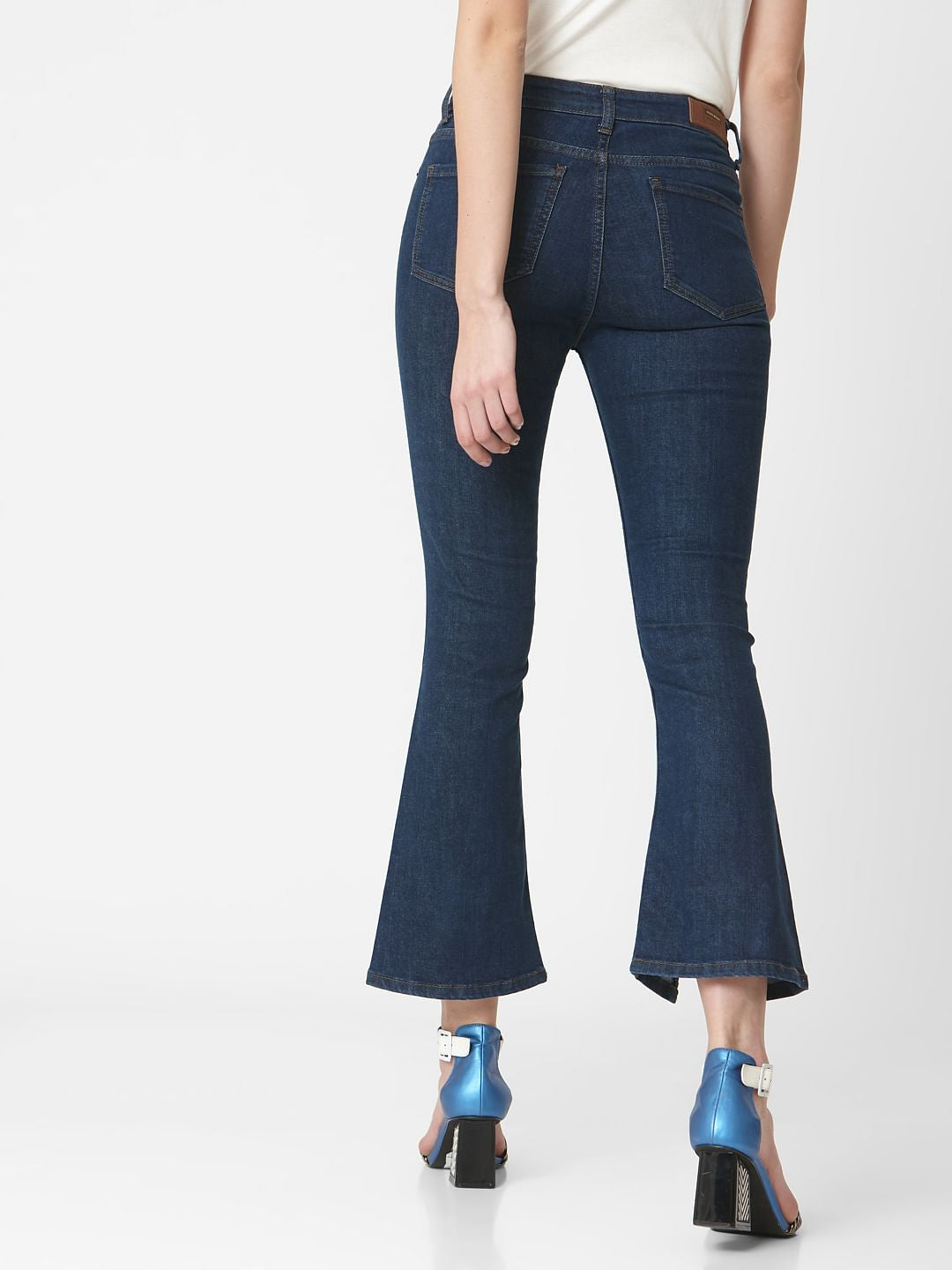 Blue Mid Rise Slit Hem Flared Jeans