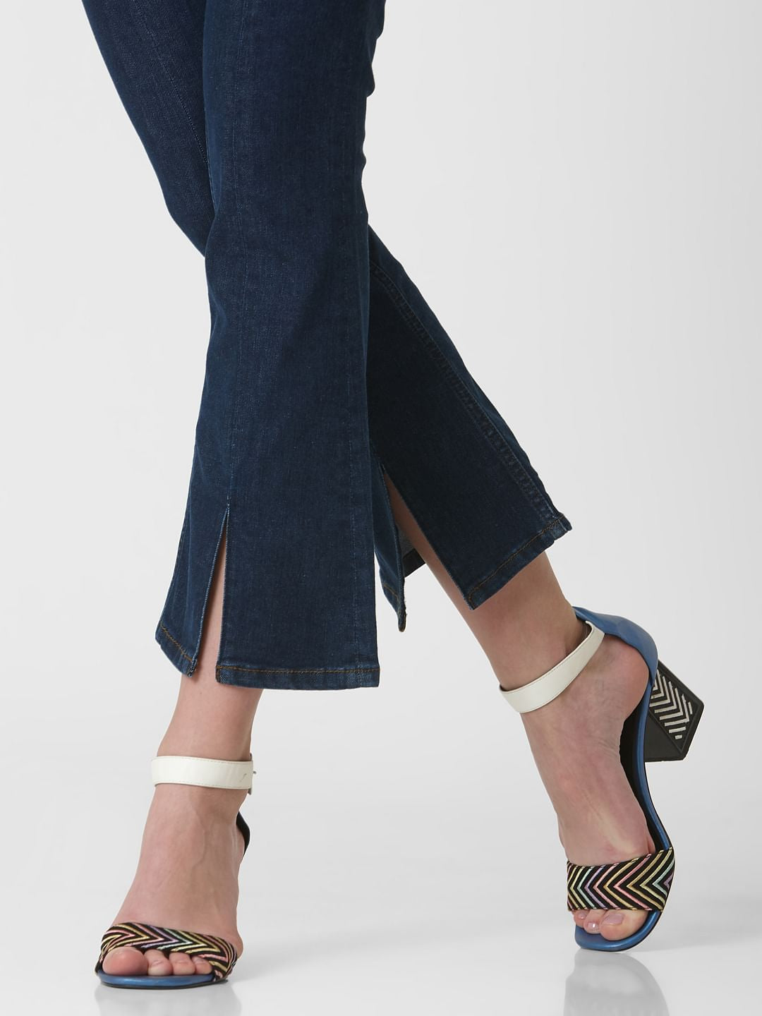 Blue Mid Rise Slit Hem Flared Jeans