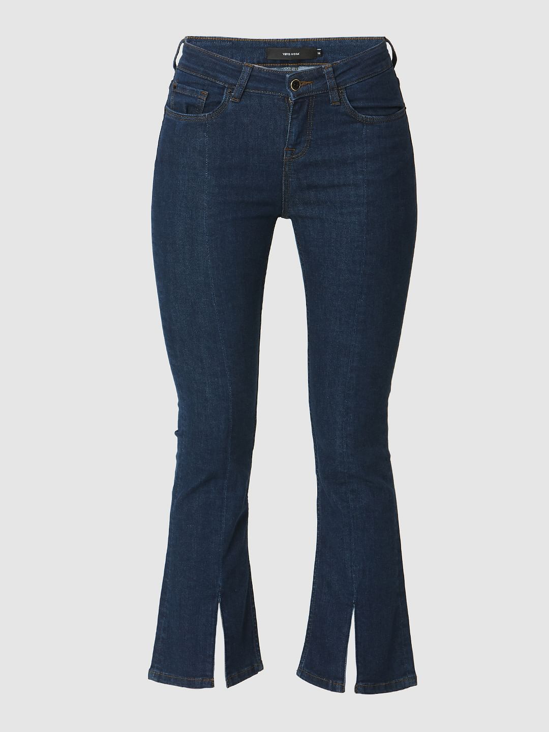 Blue Mid Rise Slit Hem Flared Jeans