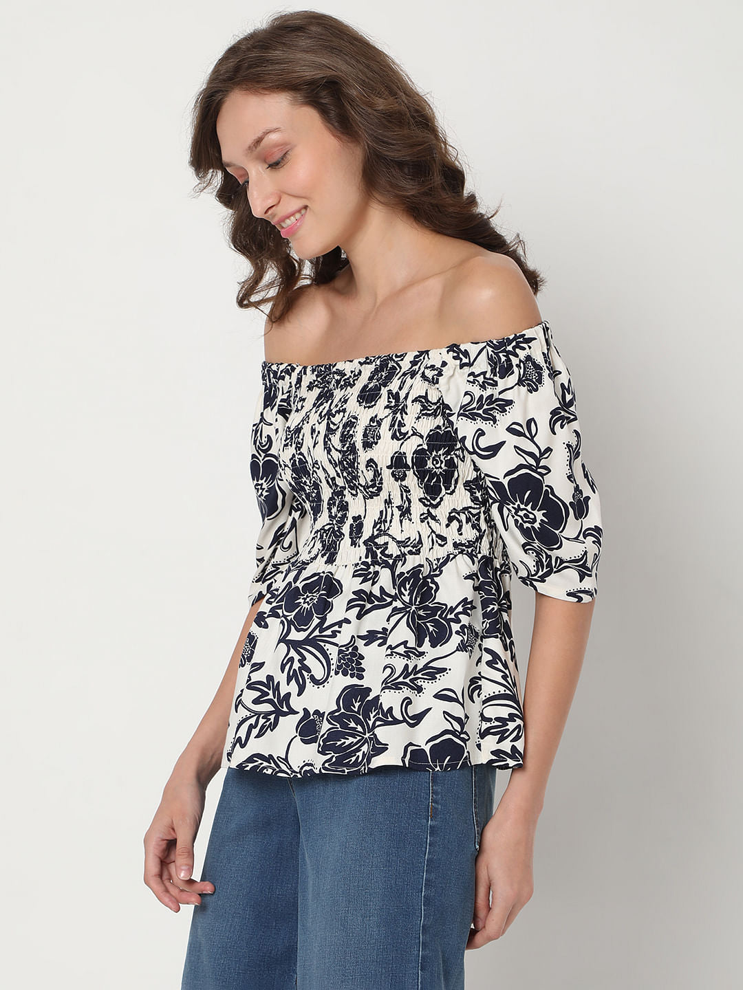 Beige Floral Print Off-Shoulder Top