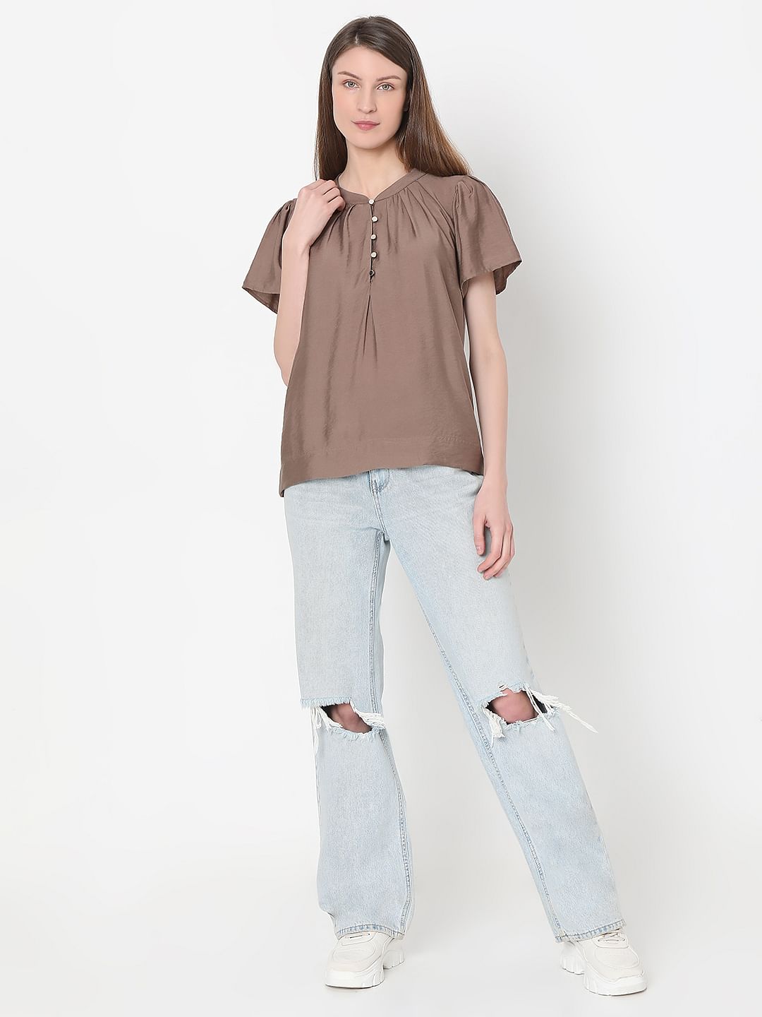 Brown Short Sleeves Top