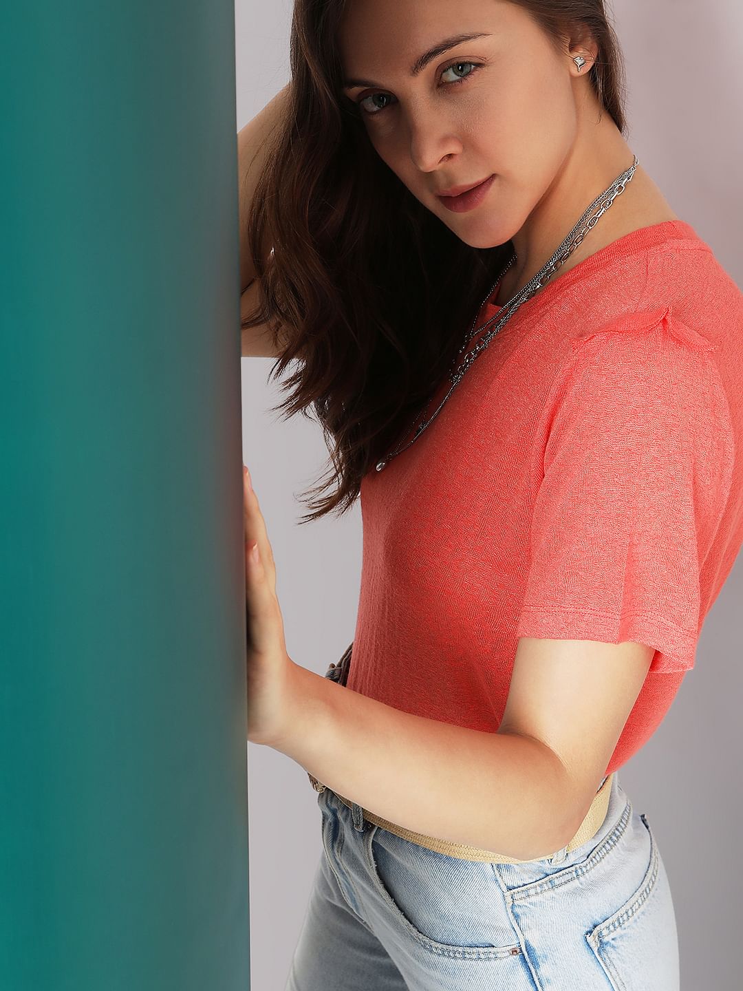 Coral Ruffle Detail T-Shirt