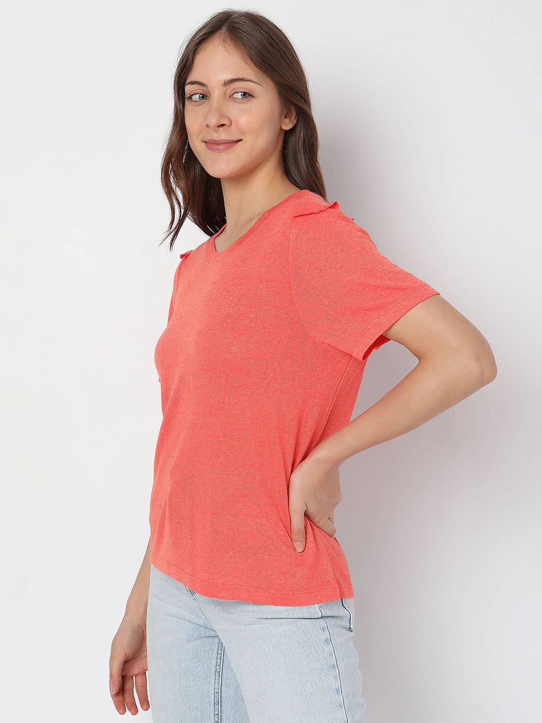 Coral Ruffle Detail T-Shirt