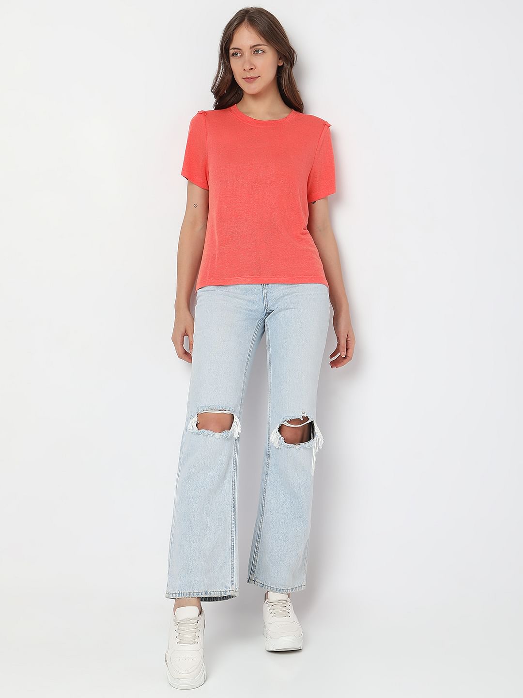 Coral Ruffle Detail T-Shirt