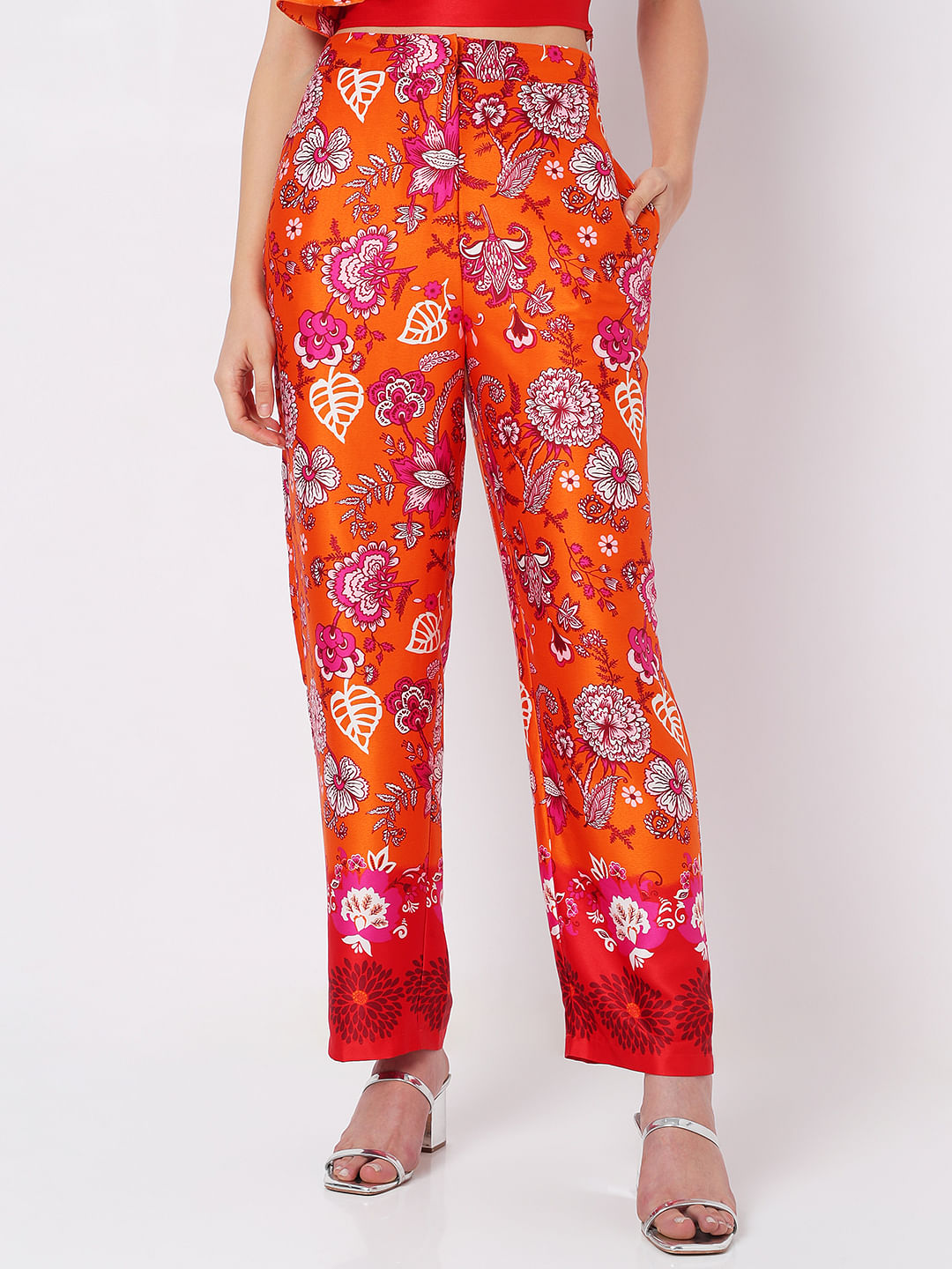 Orange High Rise Floral Co-Ord Pants