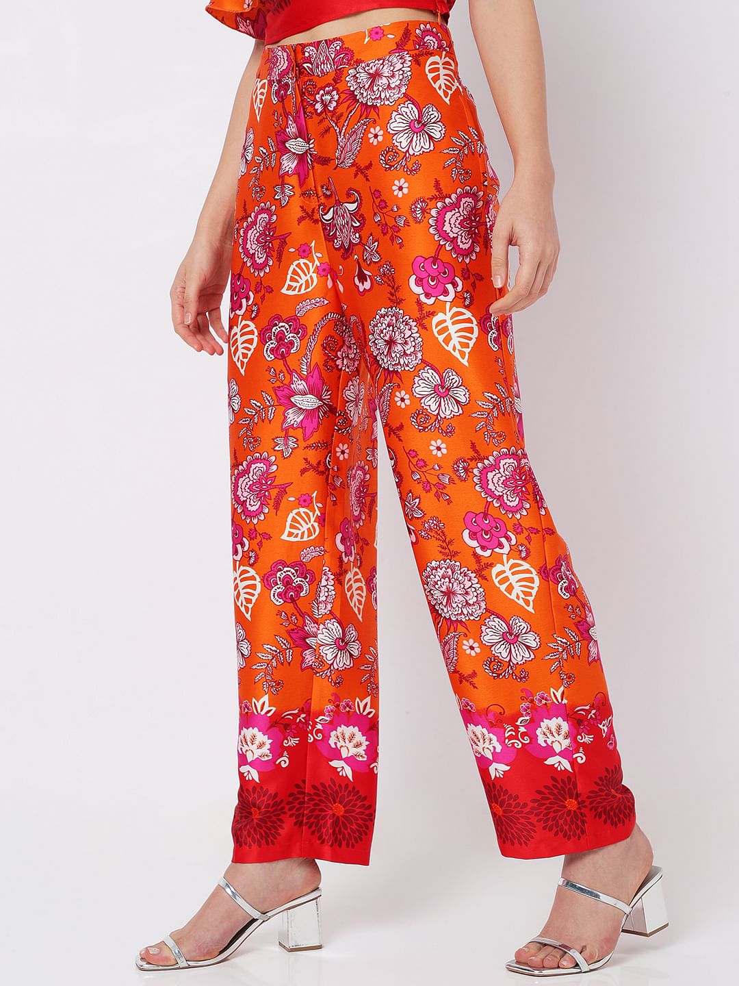 Orange High Rise Floral Co-Ord Pants
