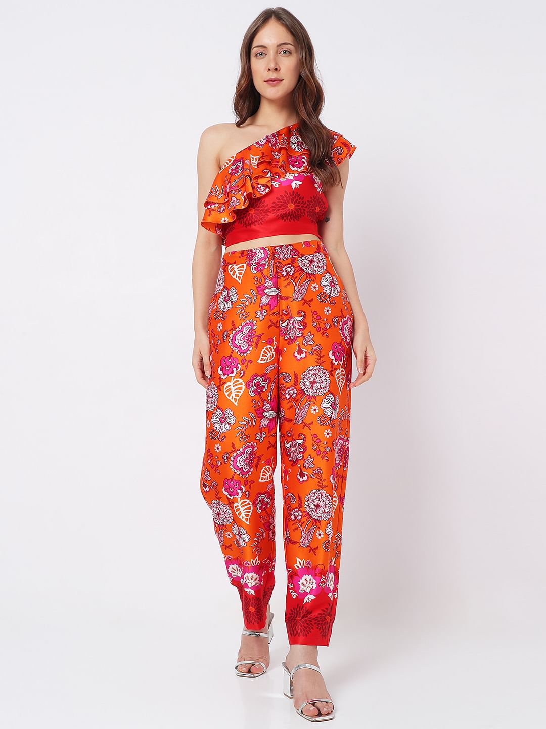 Orange High Rise Floral Co-Ord Pants
