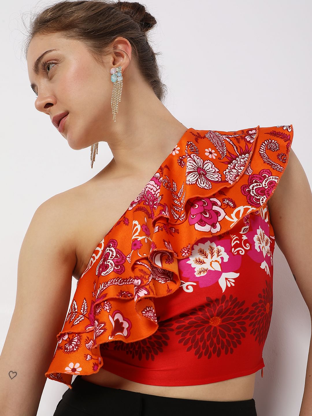 Buy Orange Floral One-Shoulder Co-Ord Top For Women Online in