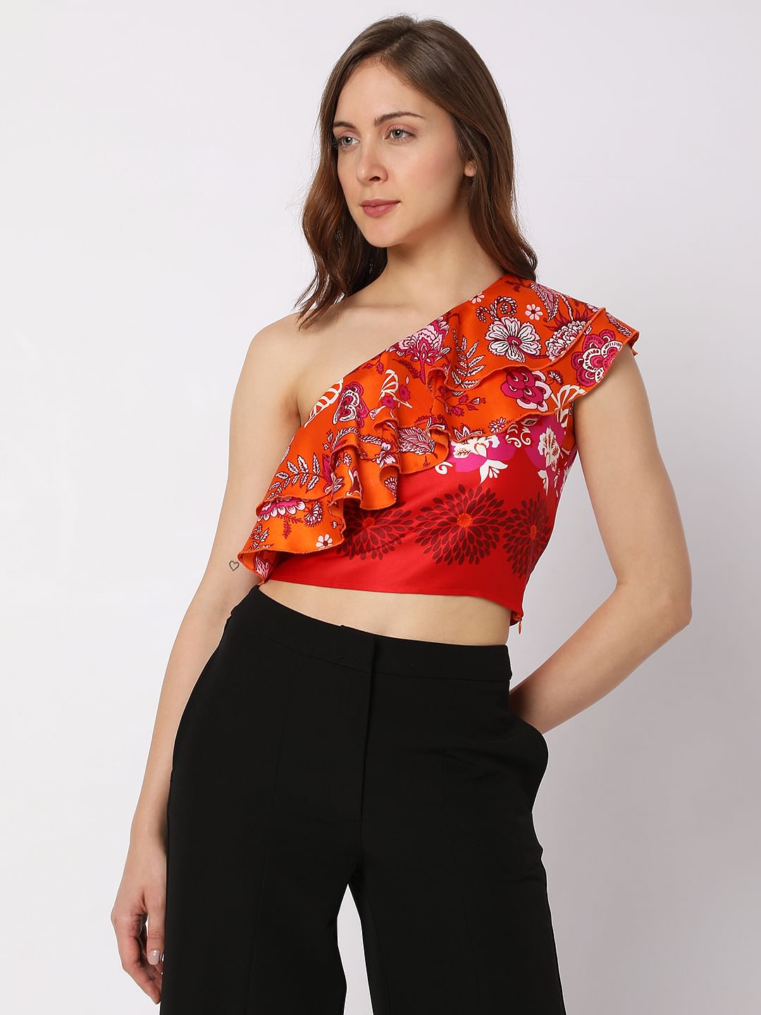 Orange Floral One-Shoulder Co-Ord Top