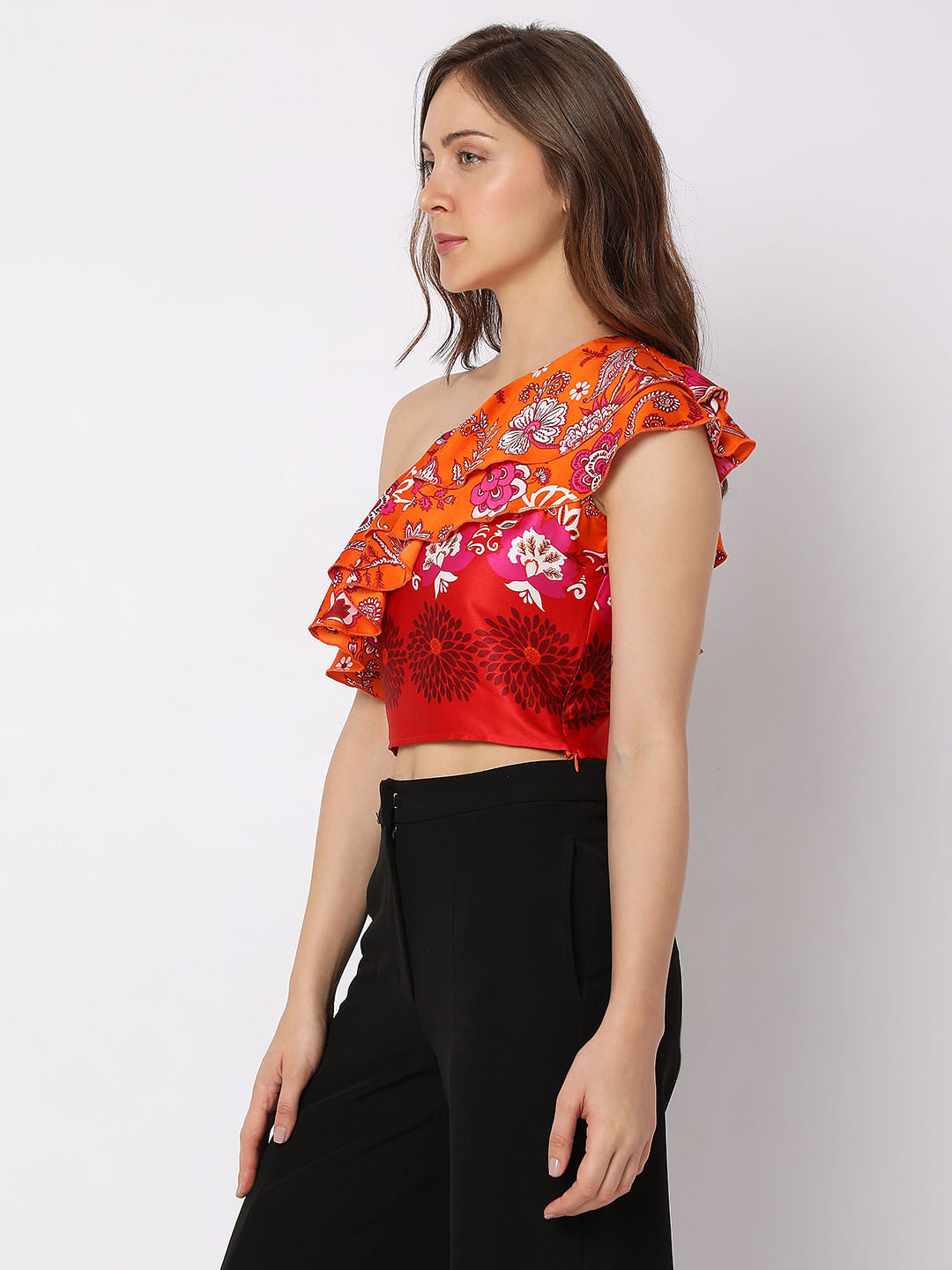 Orange Floral One-Shoulder Co-Ord Top