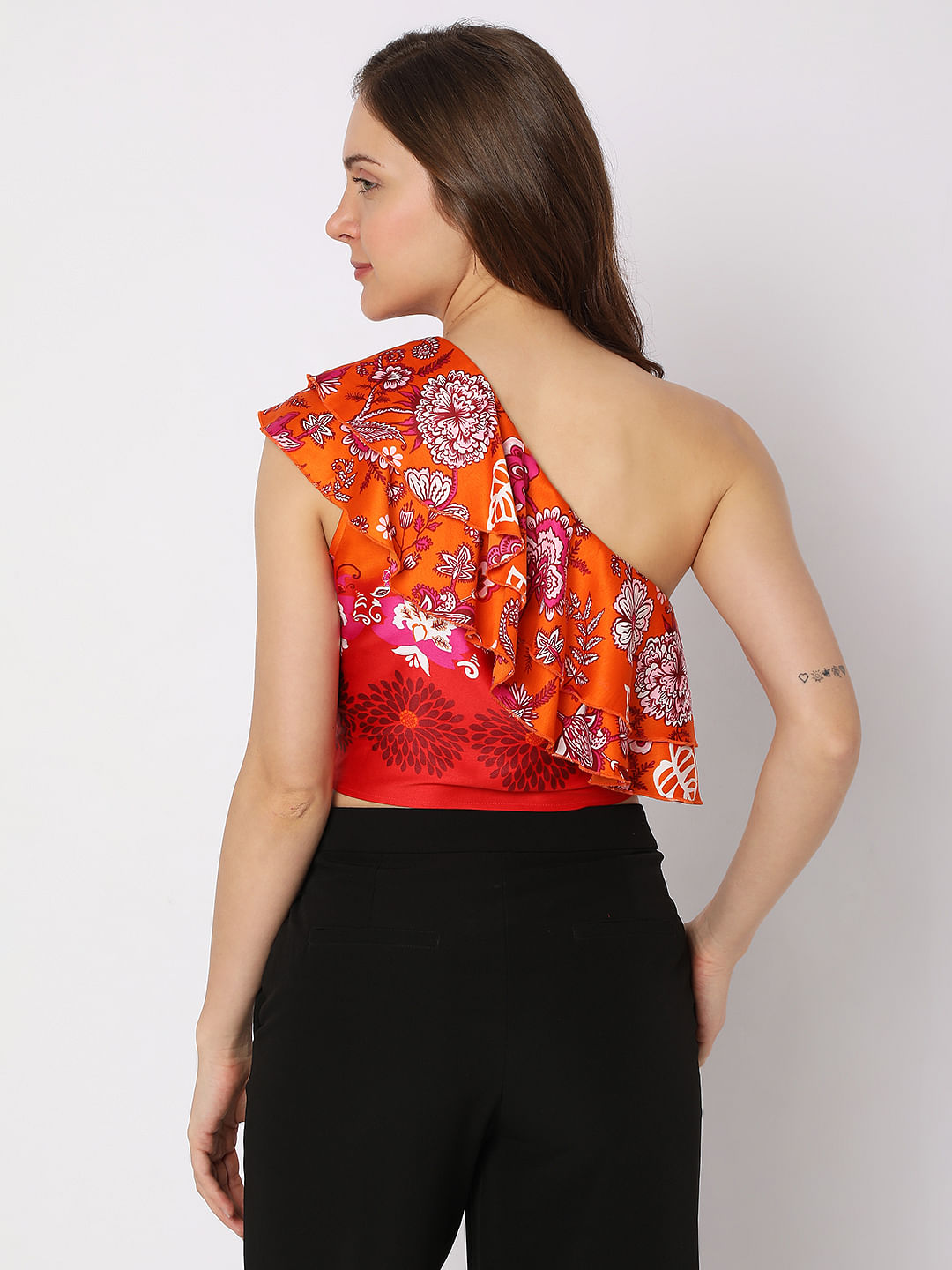 Orange Floral One-Shoulder Co-Ord Top