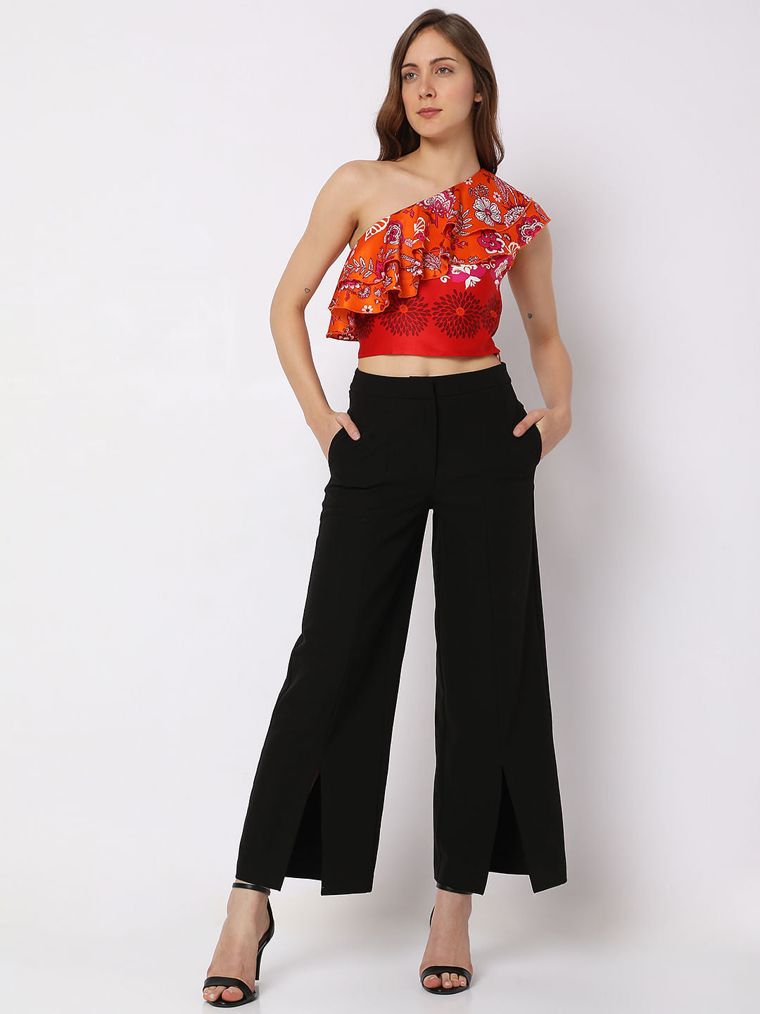 Orange Floral One-Shoulder Co-Ord Top