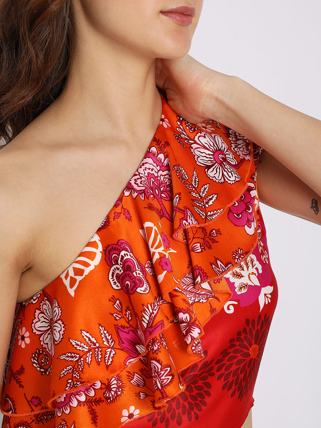 Orange Floral One-Shoulder Co-Ord Top
