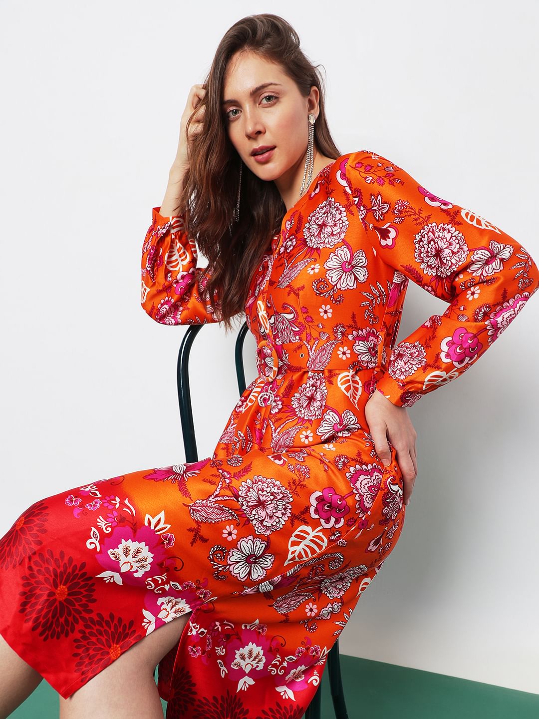 Orange Floral Satin Midi Dress