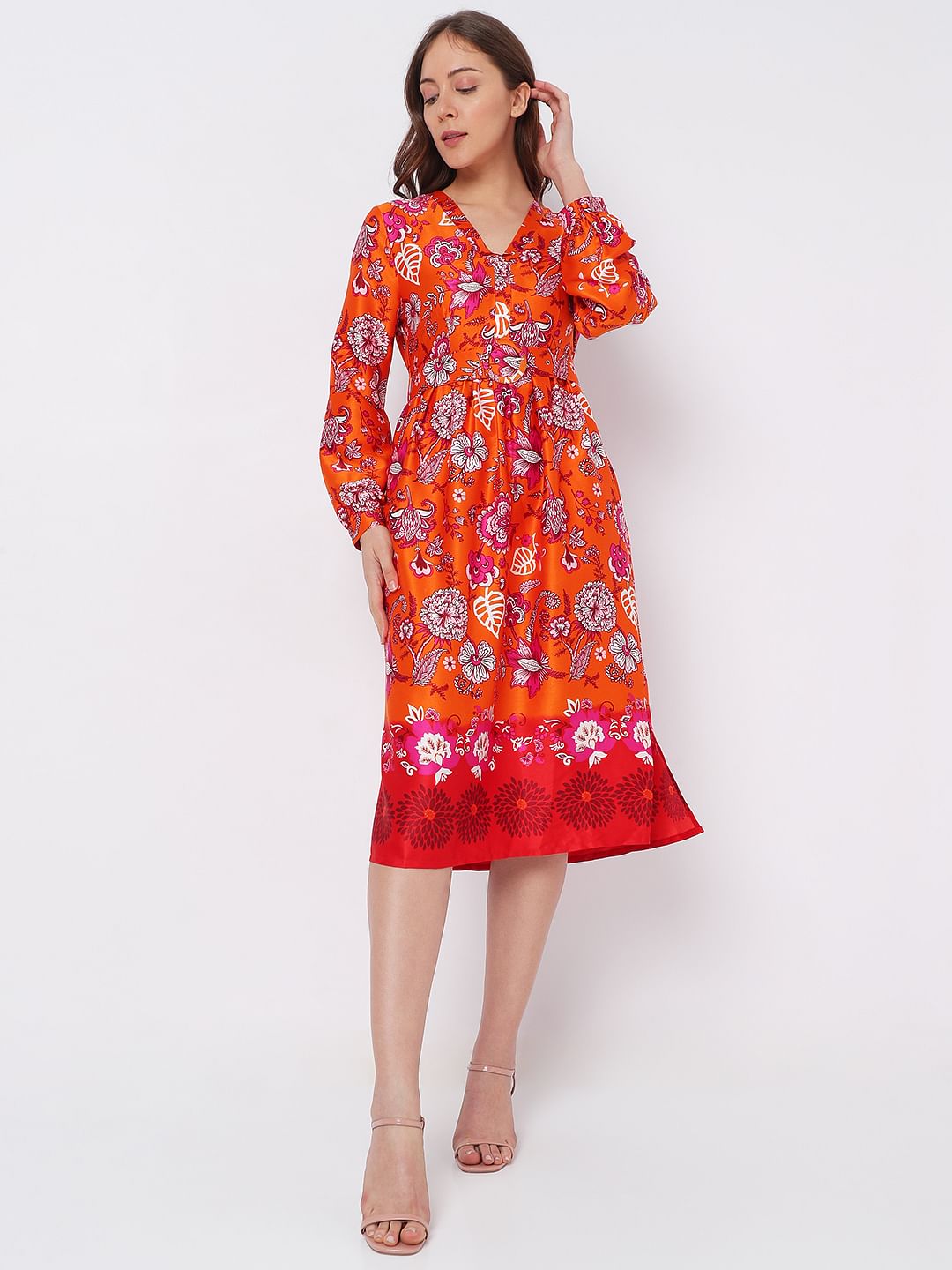 Orange Floral Satin Midi Dress