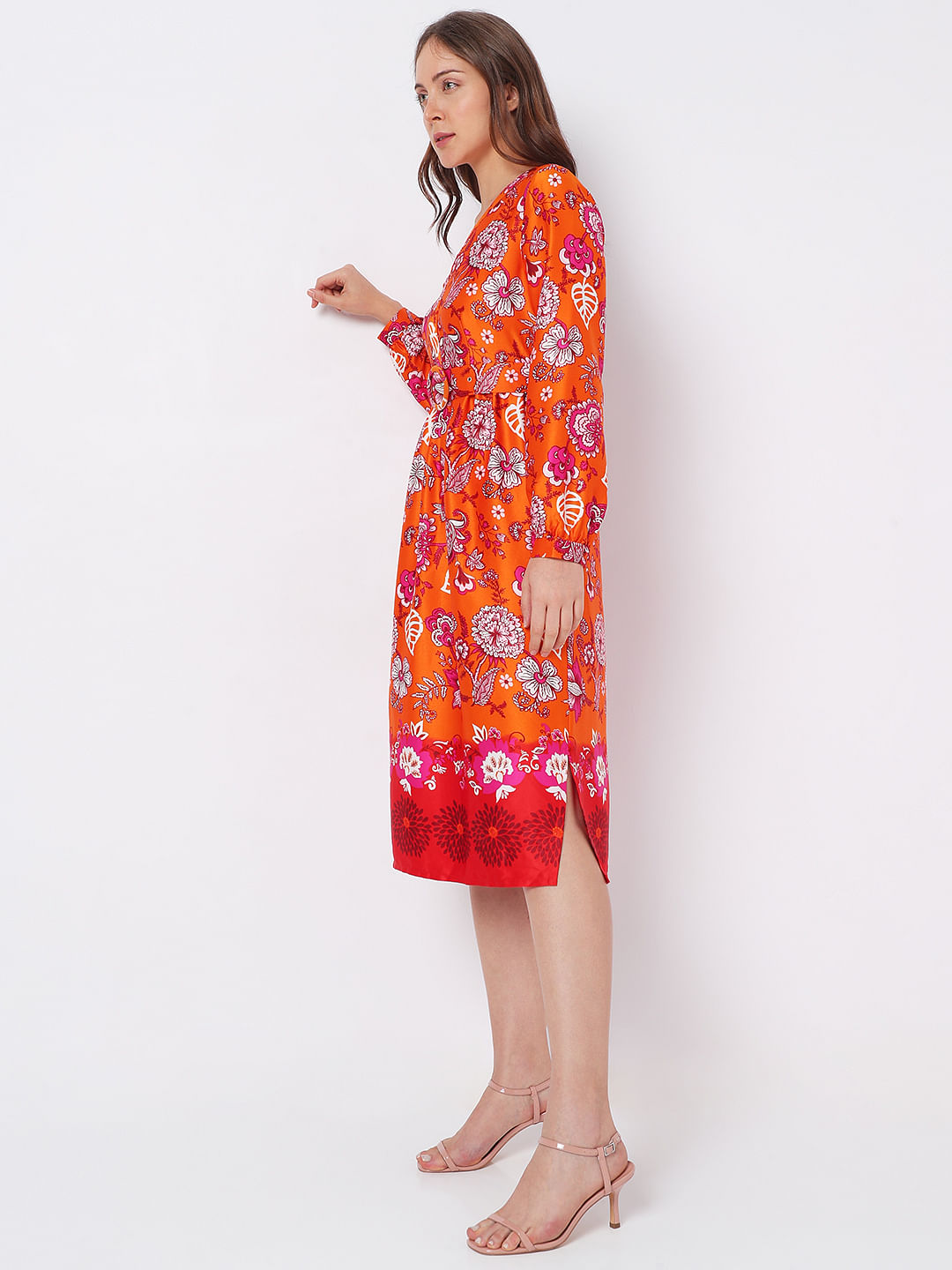 Orange Floral Satin Midi Dress