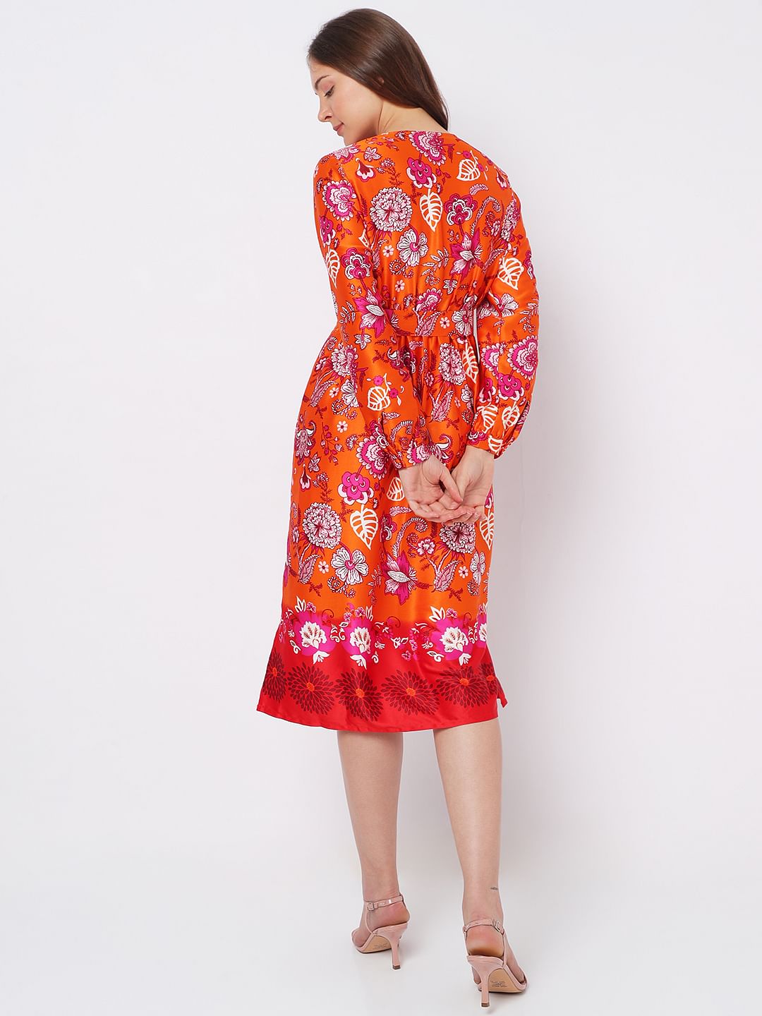 Orange Floral Satin Midi Dress