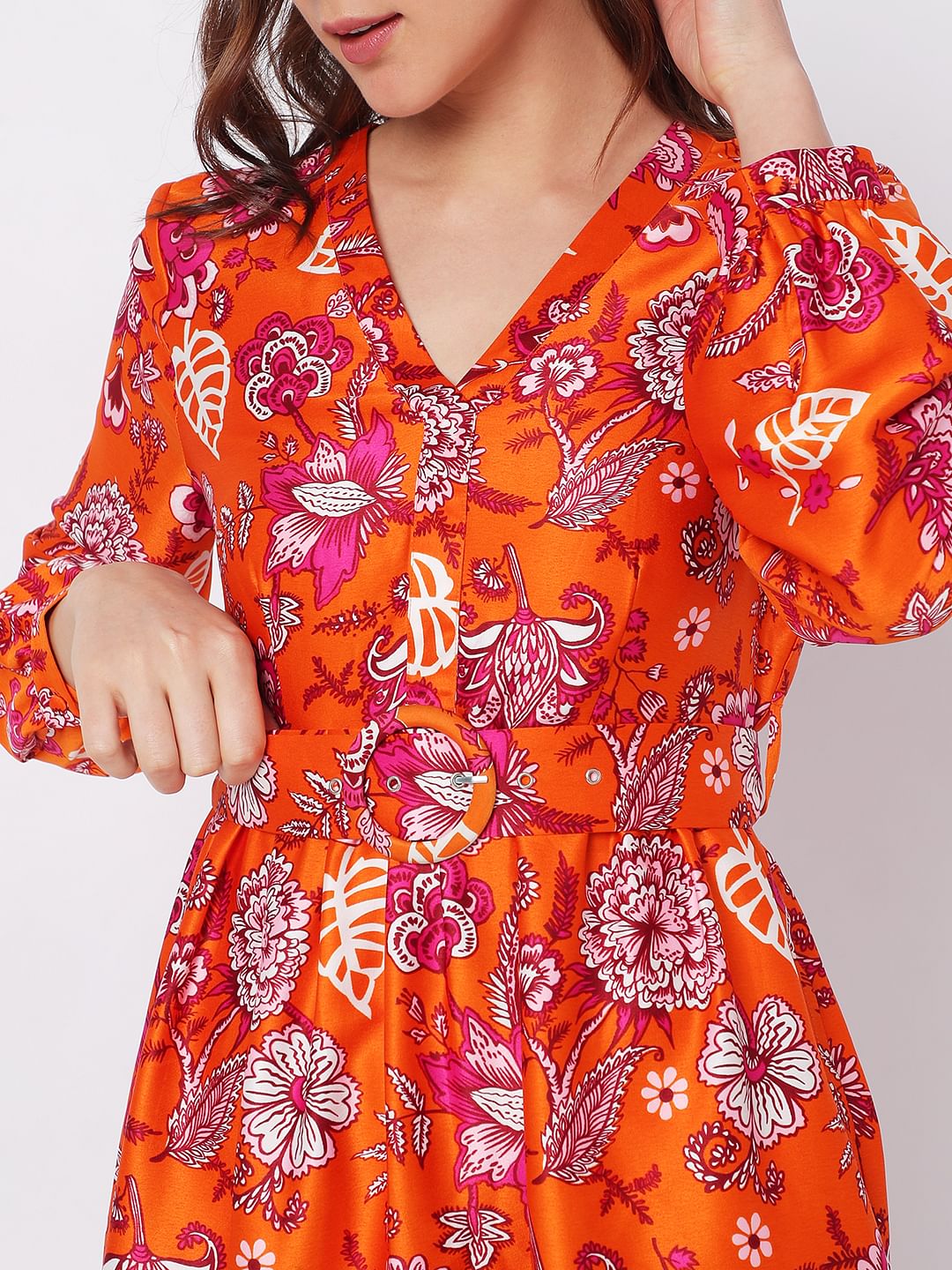 Orange Floral Satin Midi Dress
