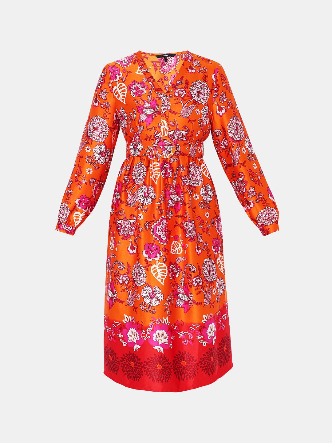 Orange Floral Satin Midi Dress