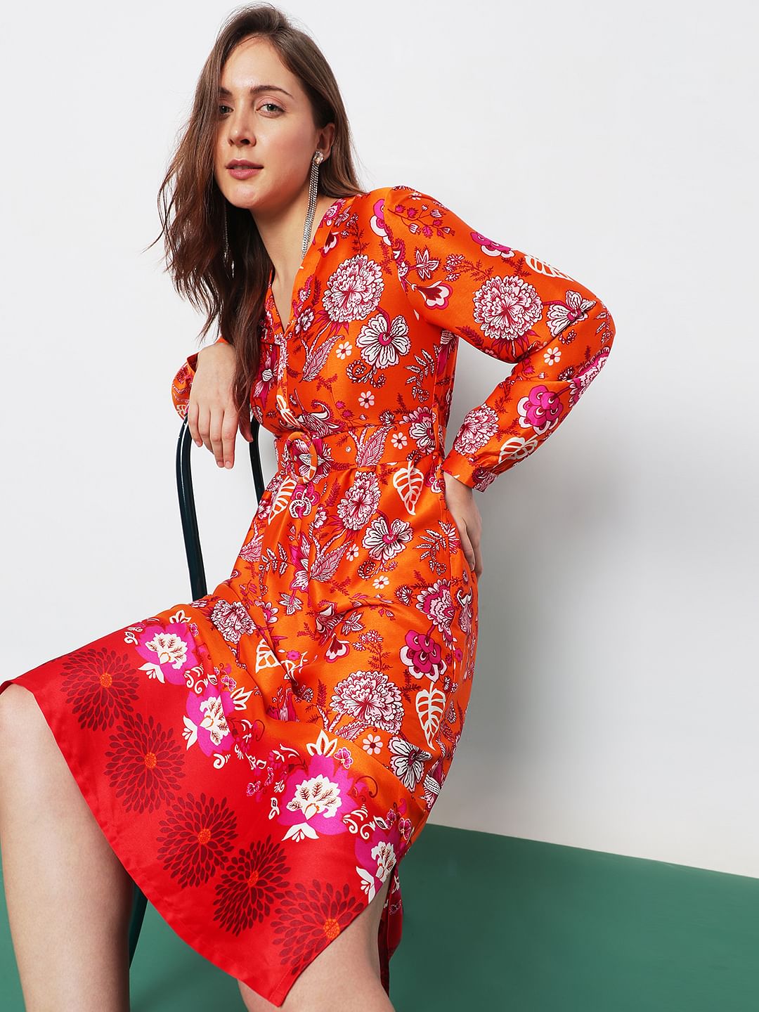 Orange Floral Satin Midi Dress