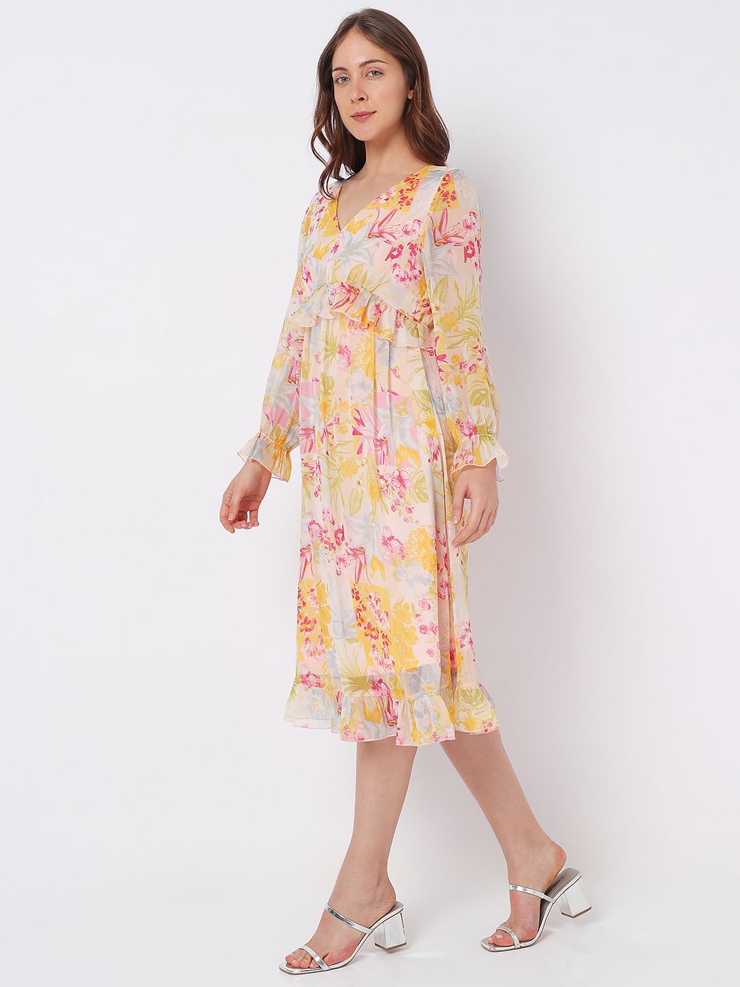 Beige Floral Midi Dress