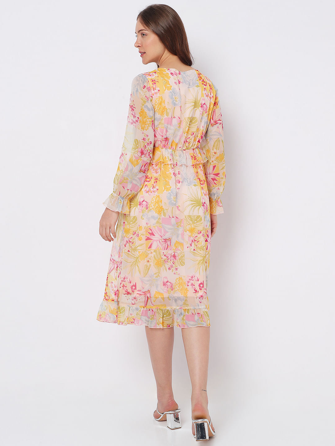 Beige Floral Midi Dress