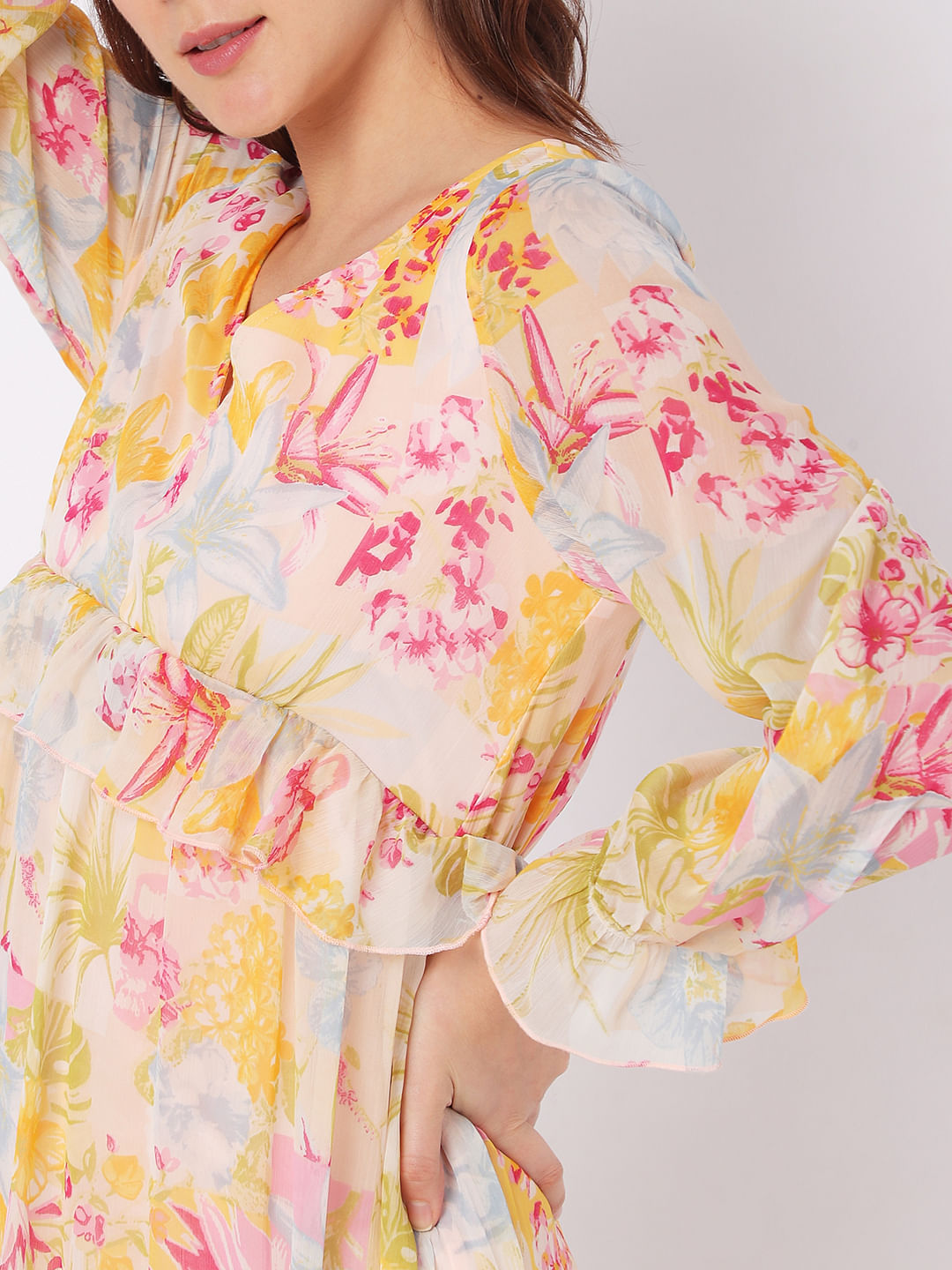 Beige Floral Midi Dress