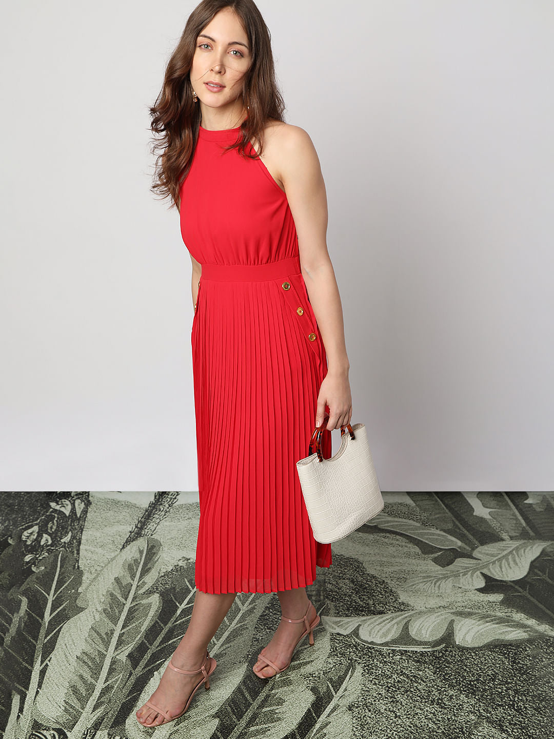 Red Halter Neck Pleated Midi Dress