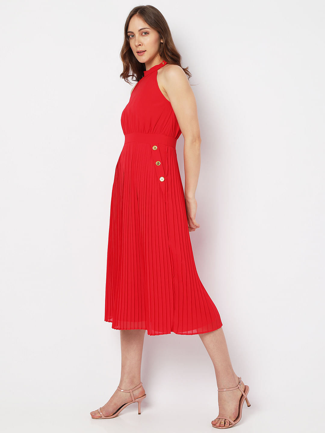 Red Halter Neck Pleated Midi Dress