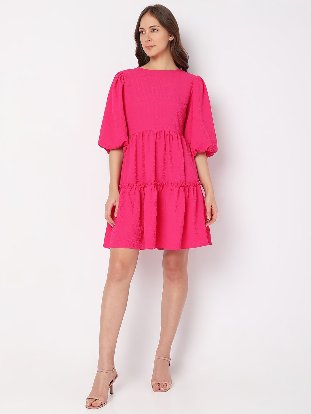 Pink Textured Tiered Dress
