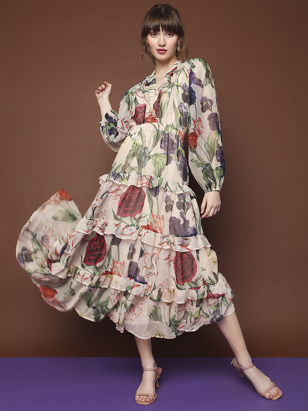 Marquee Beige Floral Print Midi Dress