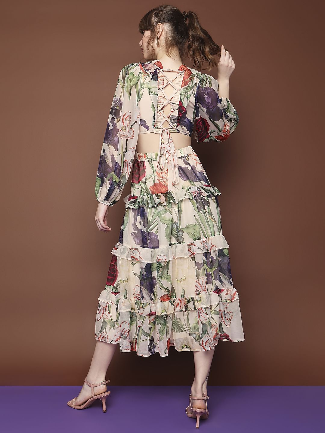 Marquee Beige Floral Print Midi Dress