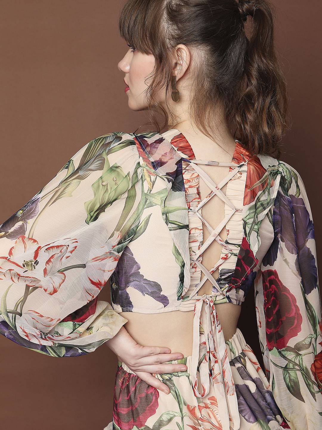 Marquee Beige Floral Print Midi Dress