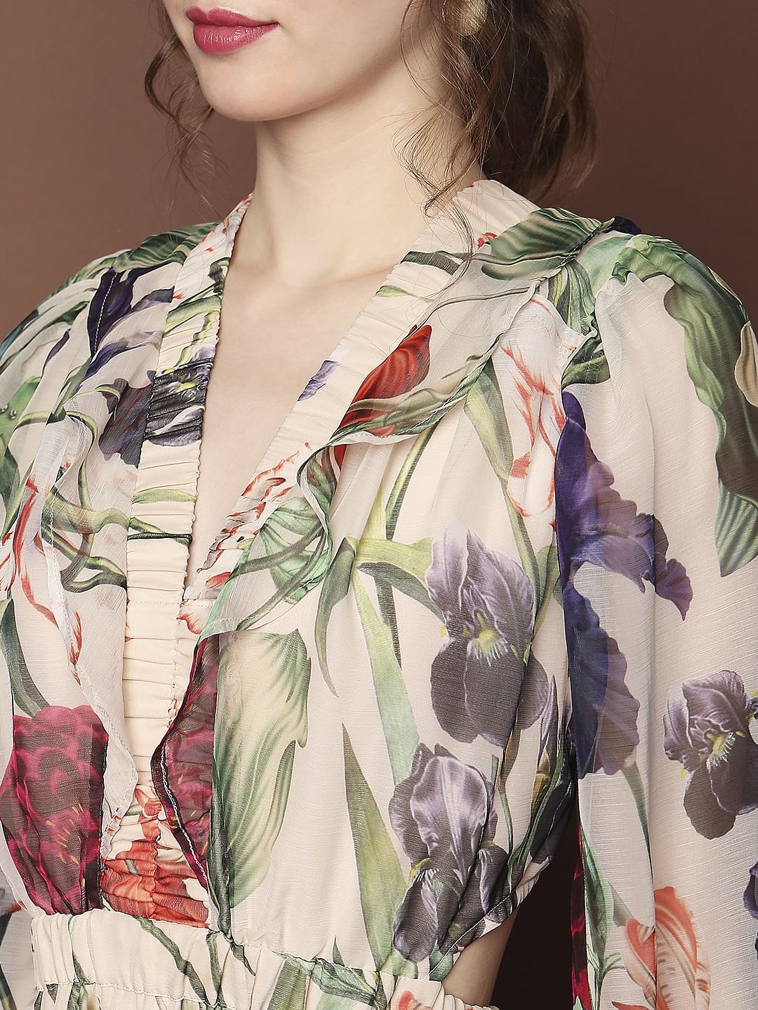 Marquee Beige Floral Print Midi Dress