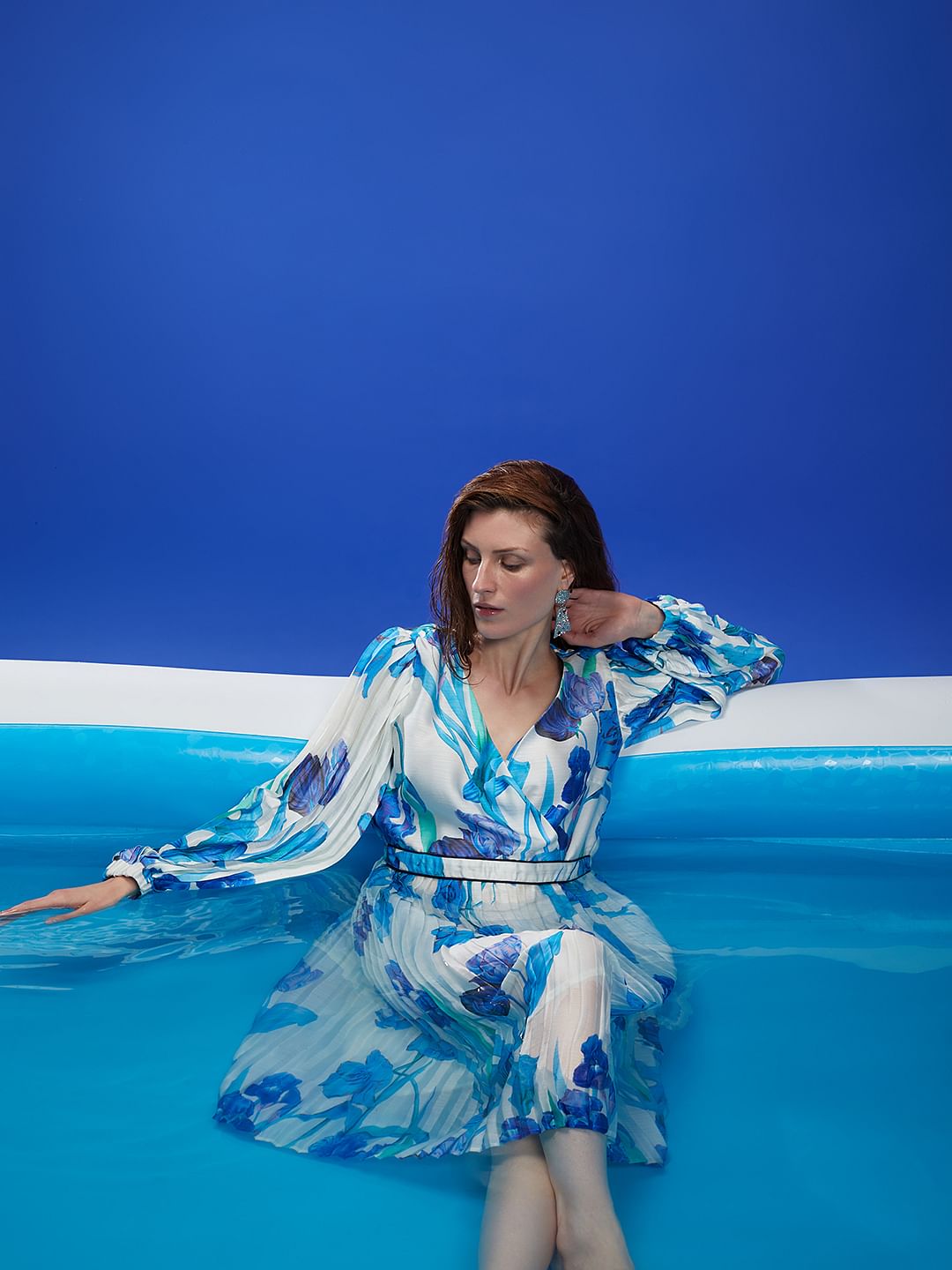 Marquee White Pleated Floral Midi Dress