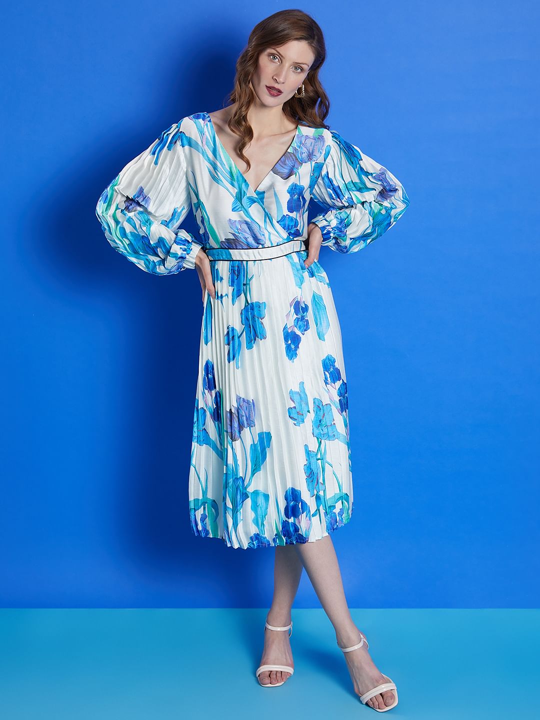 Marquee White Pleated Floral Midi Dress