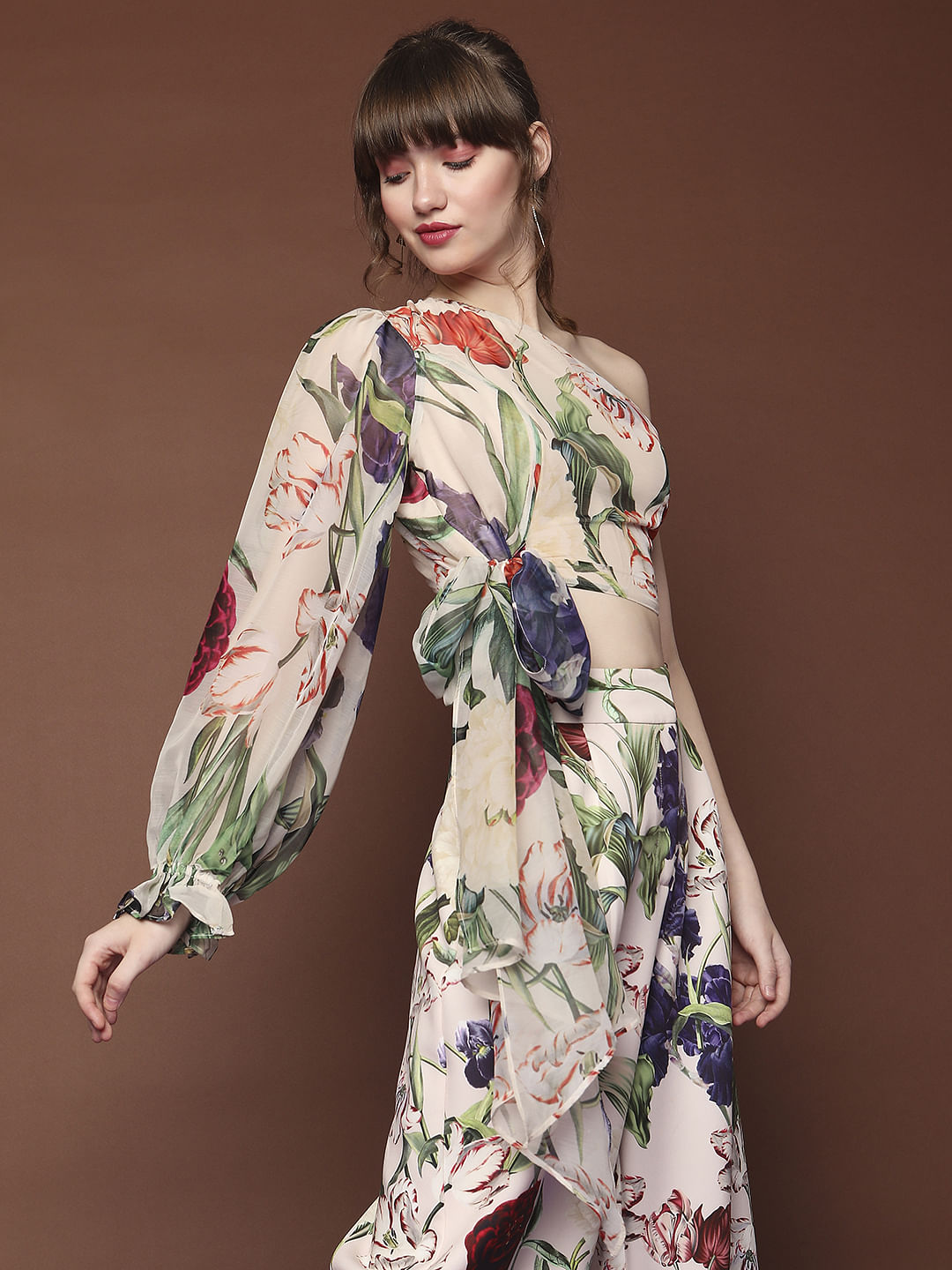 Marquee Beige Floral One-Shoulder Top