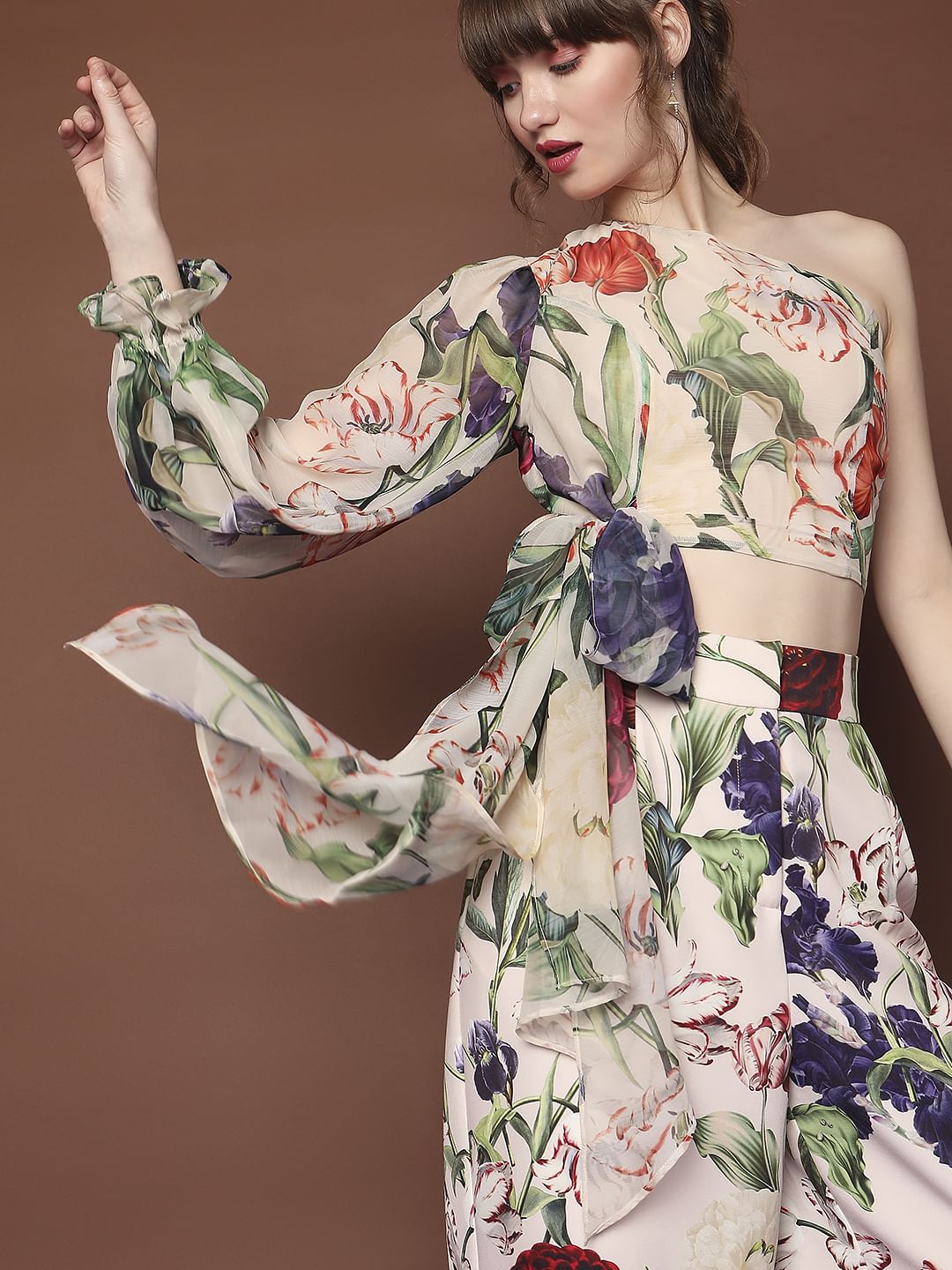 Marquee Beige Floral One-Shoulder Top