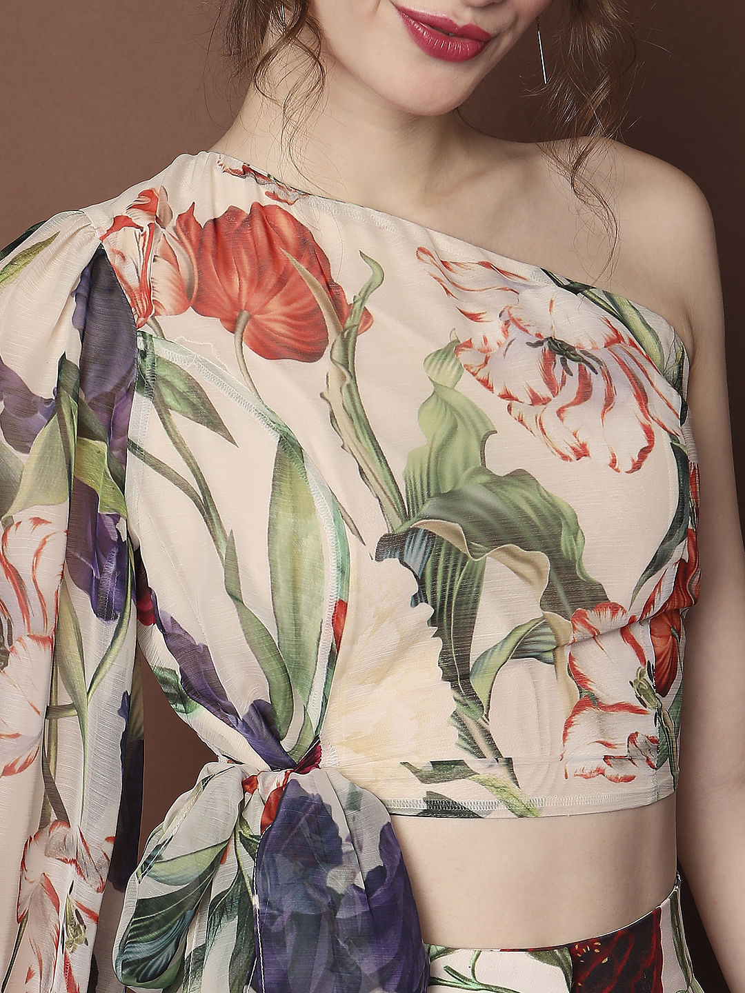 Marquee Beige Floral One-Shoulder Top