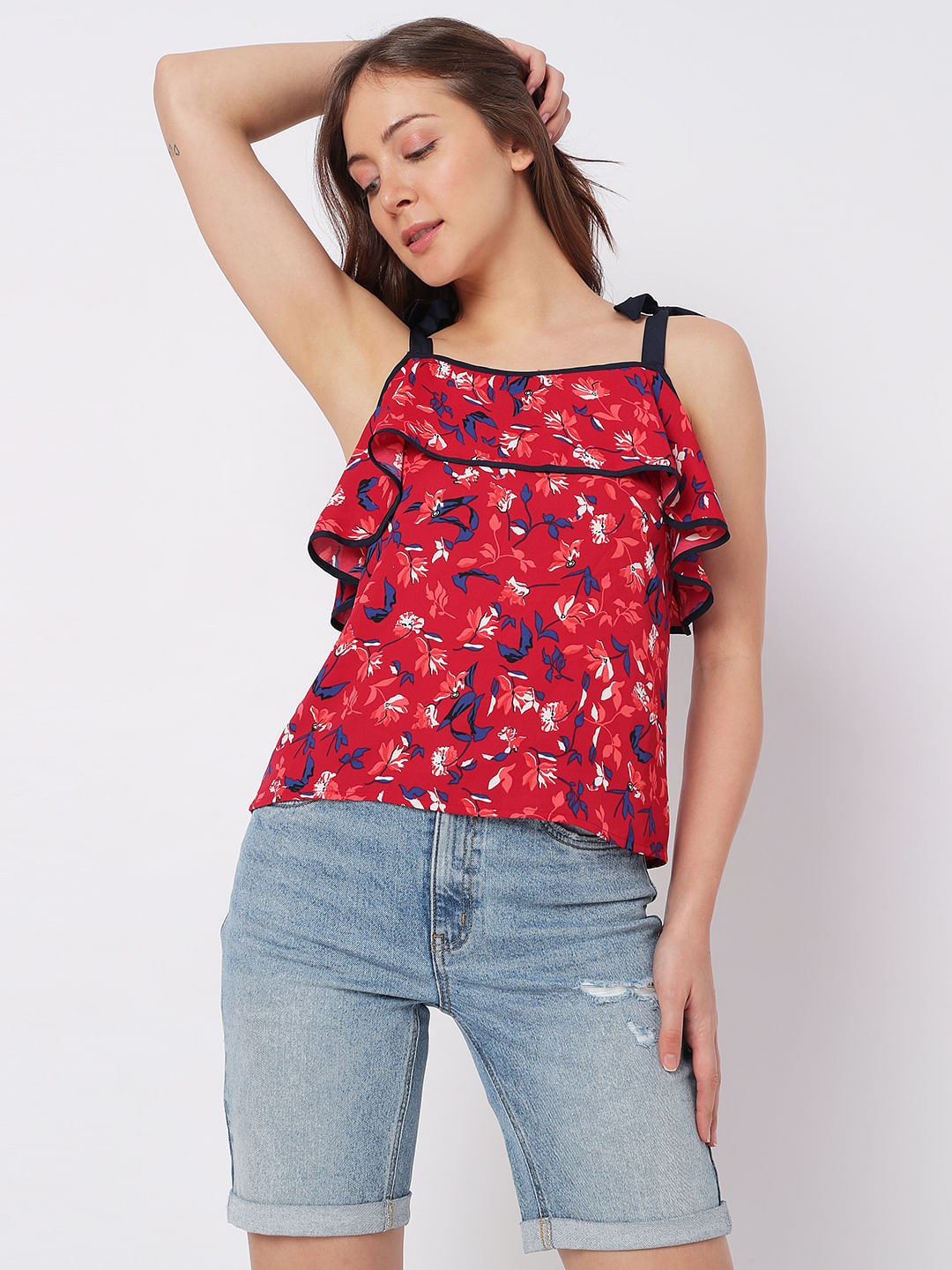 Red Floral Tie-Up Top