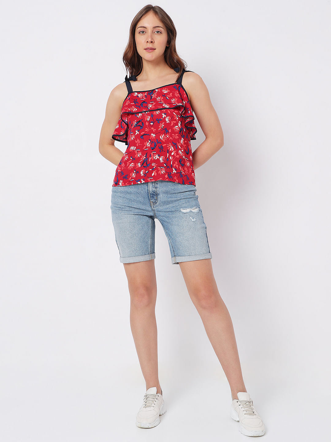 Red Floral Tie-Up Top