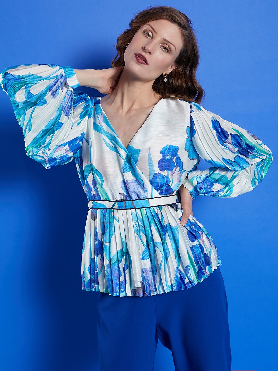 White Pleated Floral Top