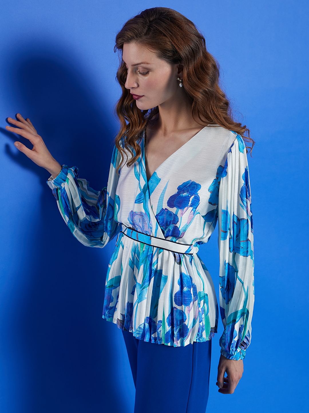 White Pleated Floral Top