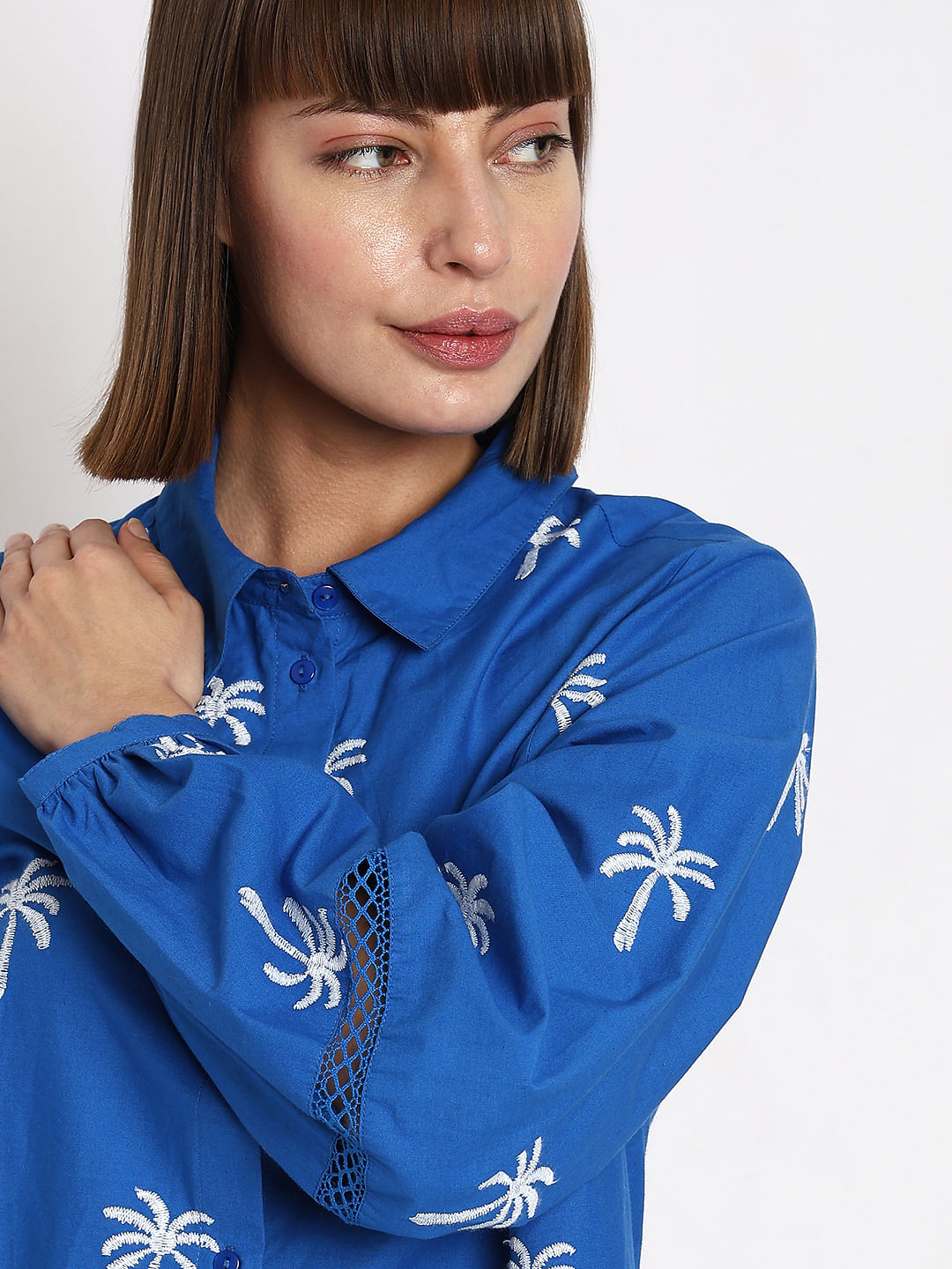 Blue Floral Embroidered Shirt